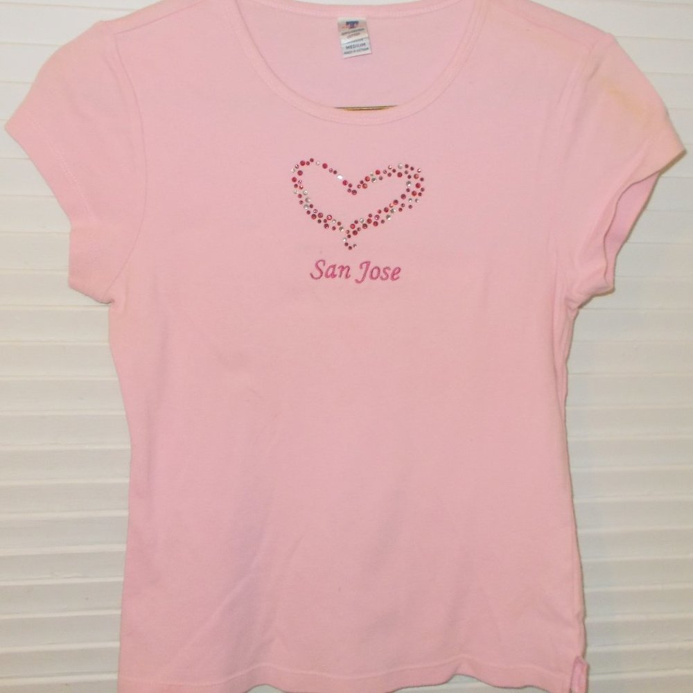 Vintage Jr. Ladies Toppy T Pink San Jose T-Shirt Cotton Knit M 3D Sequined Heart